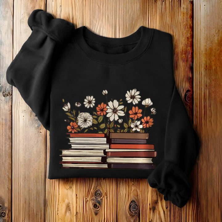 Books With Flowers Fleece Lined Sweatshirt Round Neck Sweatshirt