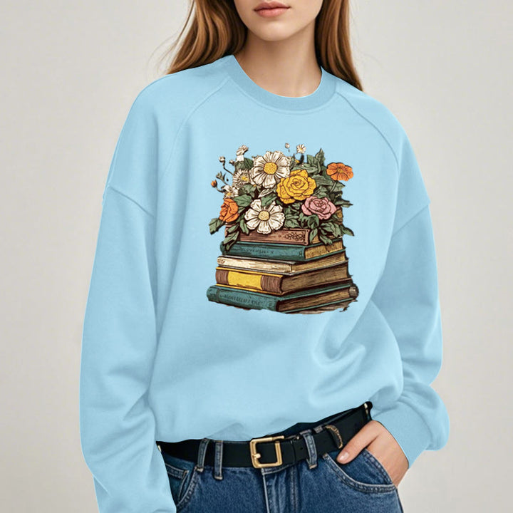 Vintage Blossing Books Fleece Lined Sweatshirt Round Neck Sweatshirt