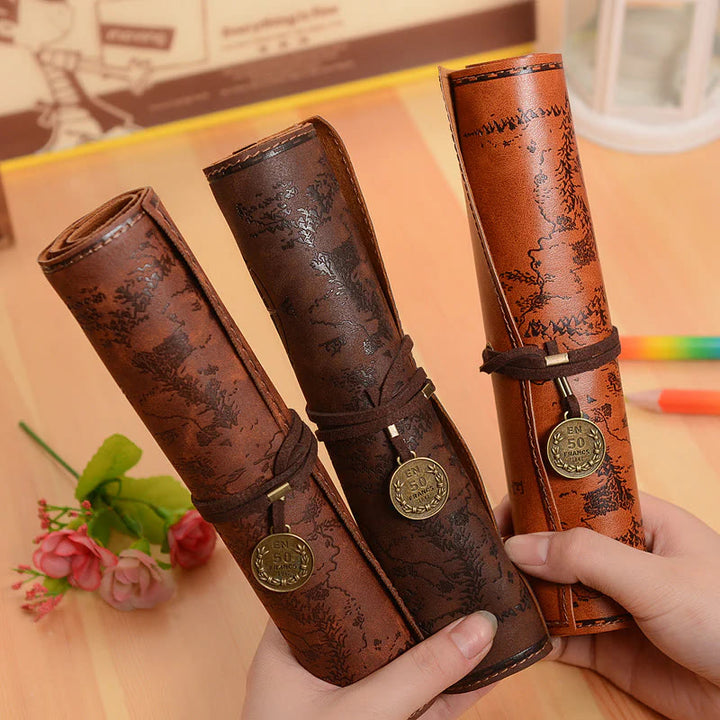 Retro Vegan Leather Treasure Map Pencil Roll Pen Case