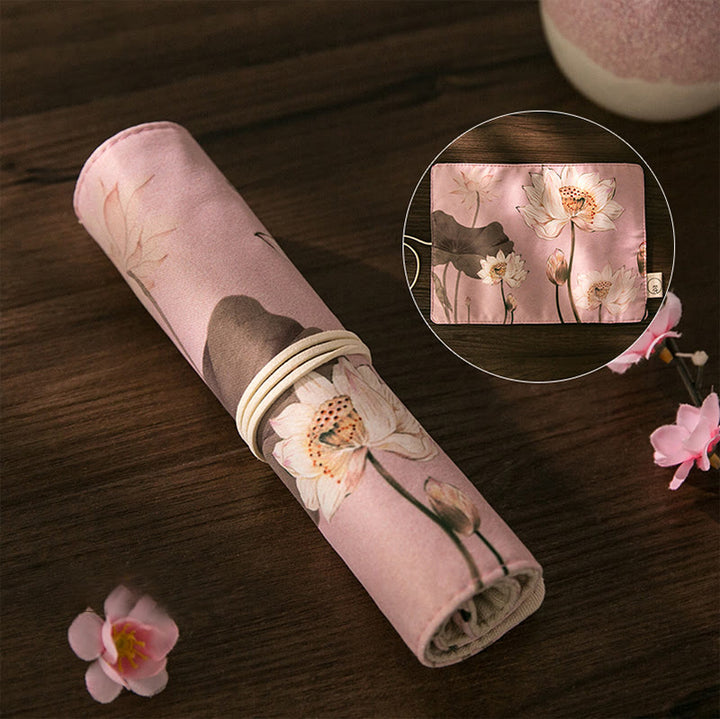 Chinoiserie Floral Painting Pencil Roll Holoder Pencil Wrap