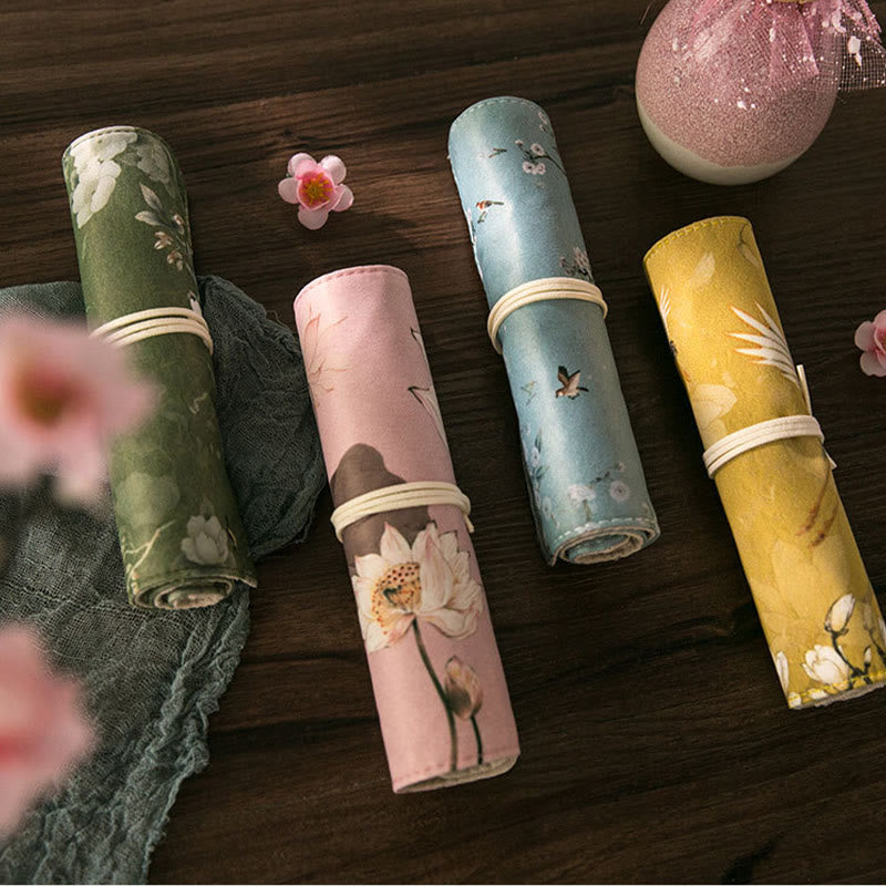 Chinoiserie Floral Painting Pencil Roll Holoder Pencil Wrap