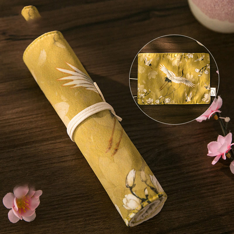 Chinoiserie Floral Painting Pencil Roll Holoder Pencil Wrap