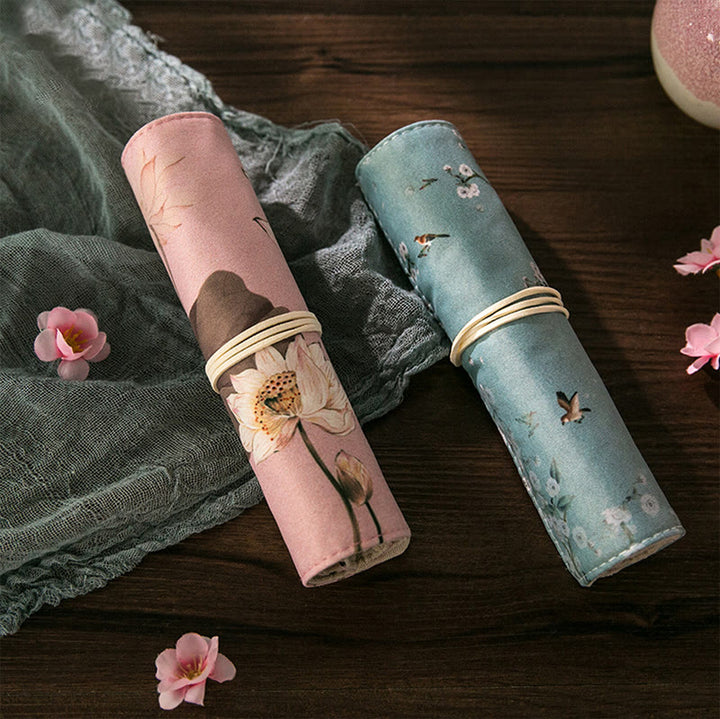 Chinoiserie Floral Painting Pencil Roll Holoder Pencil Wrap