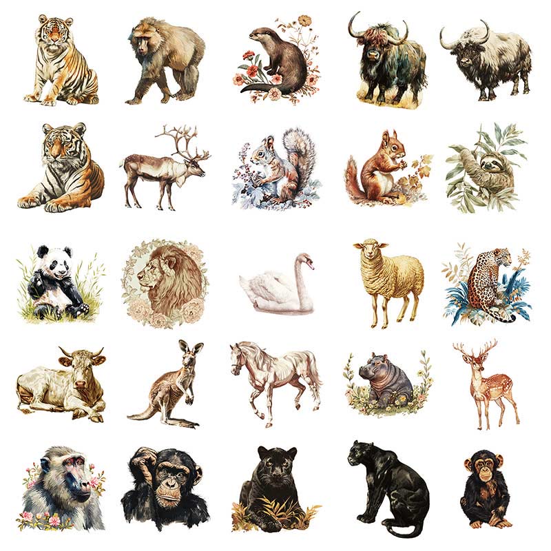 Retro Watercolor Animals Sticker Waterproof Decor Stickers for DIY Crafts