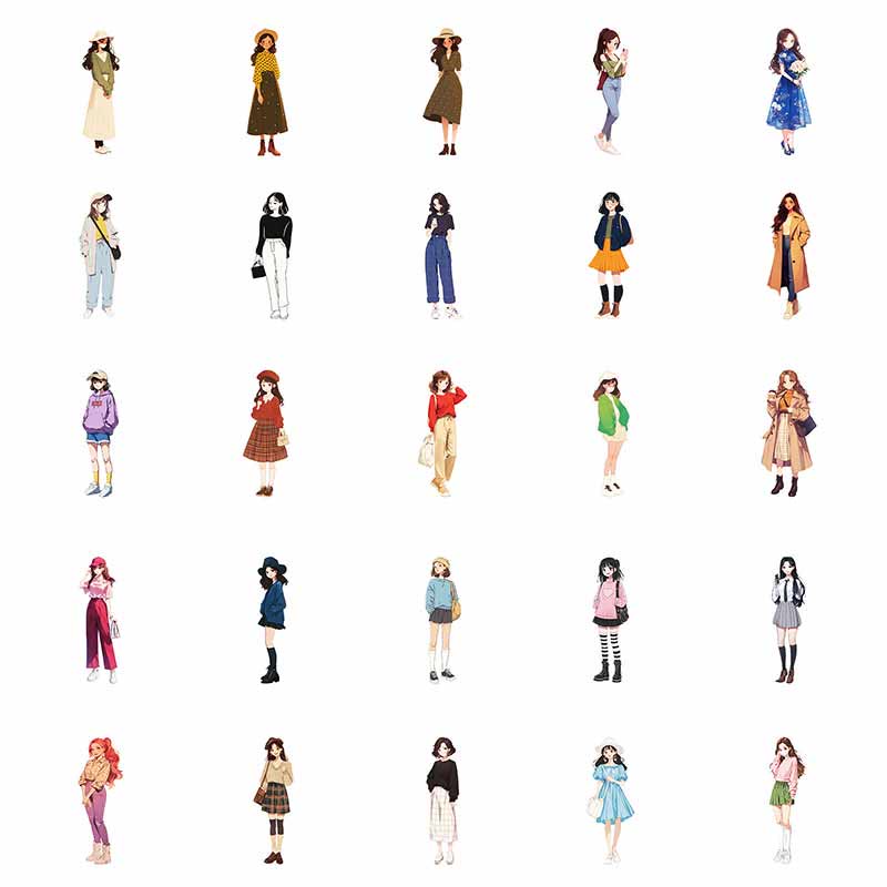 50Pcs Fashion Girls Stickers Vintage Character Sticker for DIY Crafts