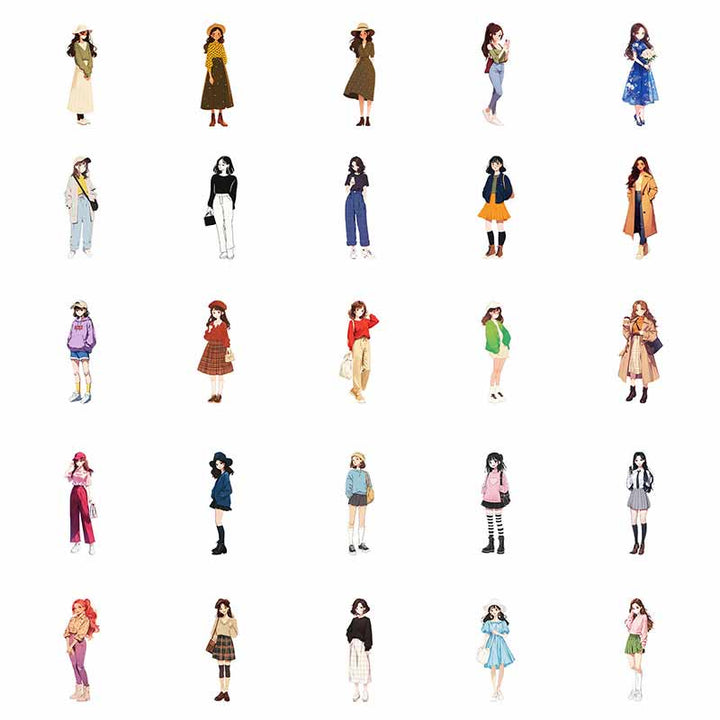 50Pcs Fashion Girls Stickers Vintage Character Sticker for DIY Crafts