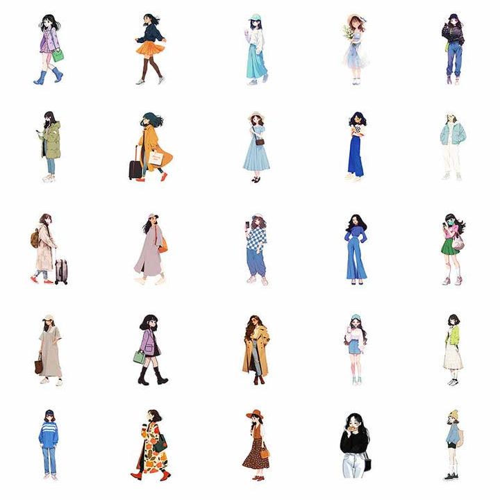 50Pcs Fashion Girls Stickers Vintage Character Sticker for DIY Crafts