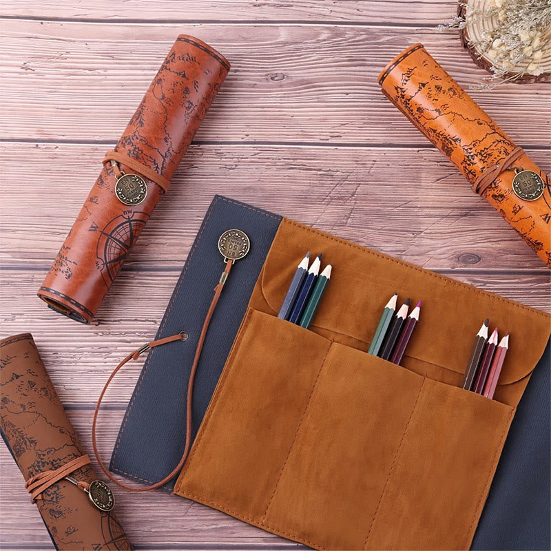 Retro Vegan Leather Treasure Map Pencil Roll Pen Case