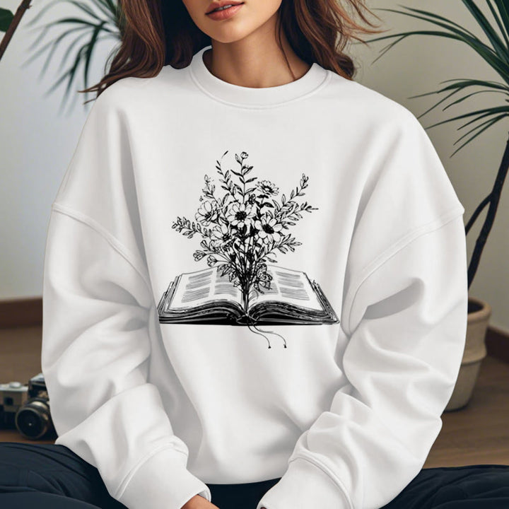 Flowers Growing from Book Womens Crewneck Sweatshirt Pullover