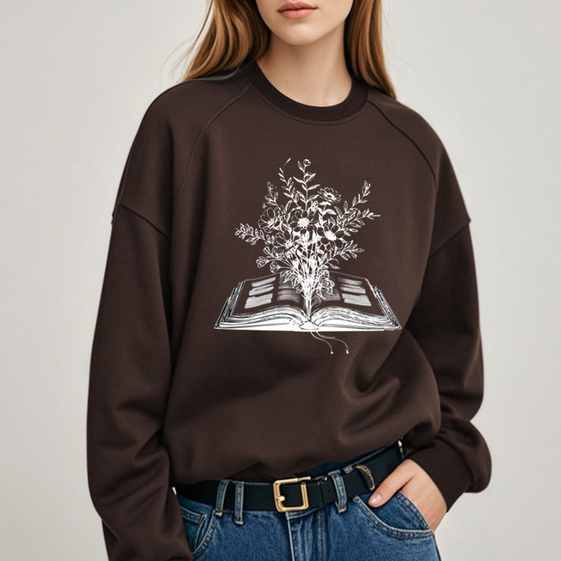 Flowers Growing from Book Womens Crewneck Sweatshirt Pullover