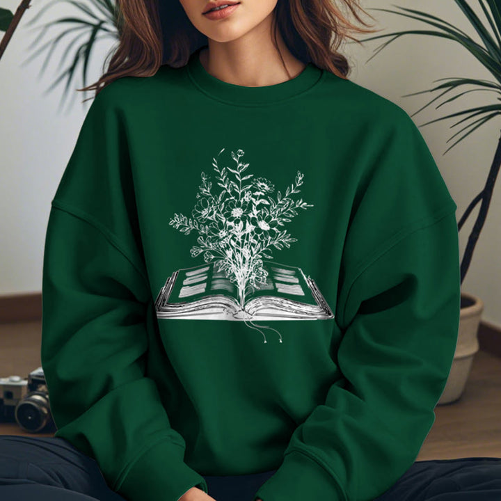 Flowers Growing from Book Womens Crewneck Sweatshirt Pullover