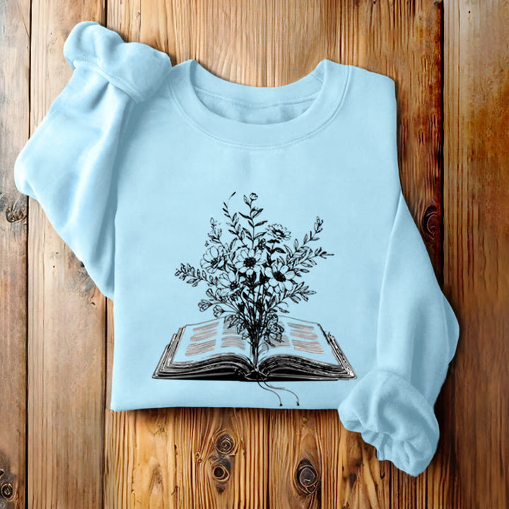 Flowers Growing from Book Womens Crewneck Sweatshirt Pullover