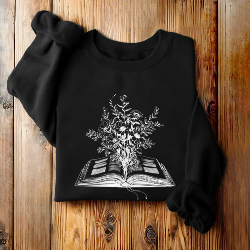 Flowers Growing from Book Womens Crewneck Sweatshirt Pullover