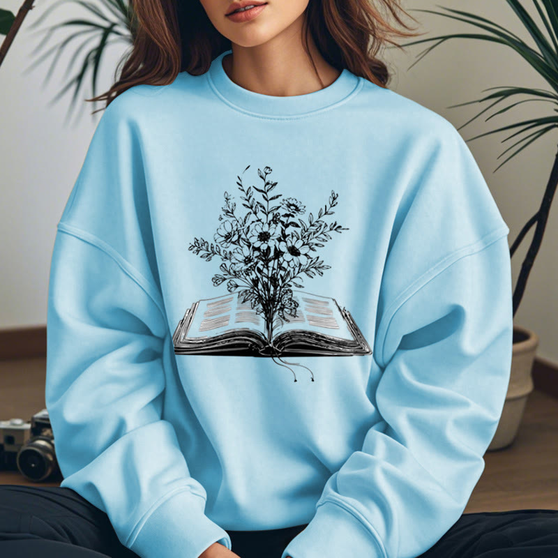 Flowers Growing from Book Womens Crewneck Sweatshirt Pullover