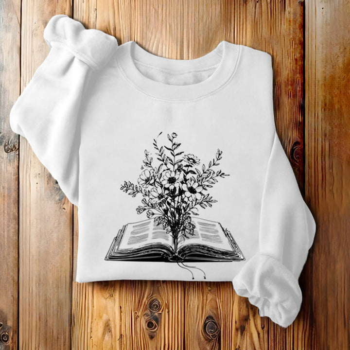 Flowers Growing from Book Womens Crewneck Sweatshirt Pullover