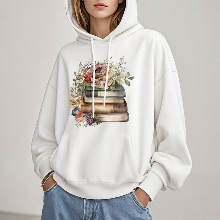 Books Surrounded By Flowers Fleece Lined Hoodie Comfy Hooded Sweatshirts