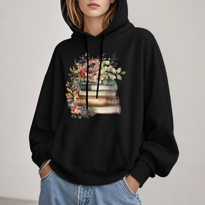 Books Surrounded By Flowers Fleece Lined Hoodie Comfy Hooded Sweatshirts