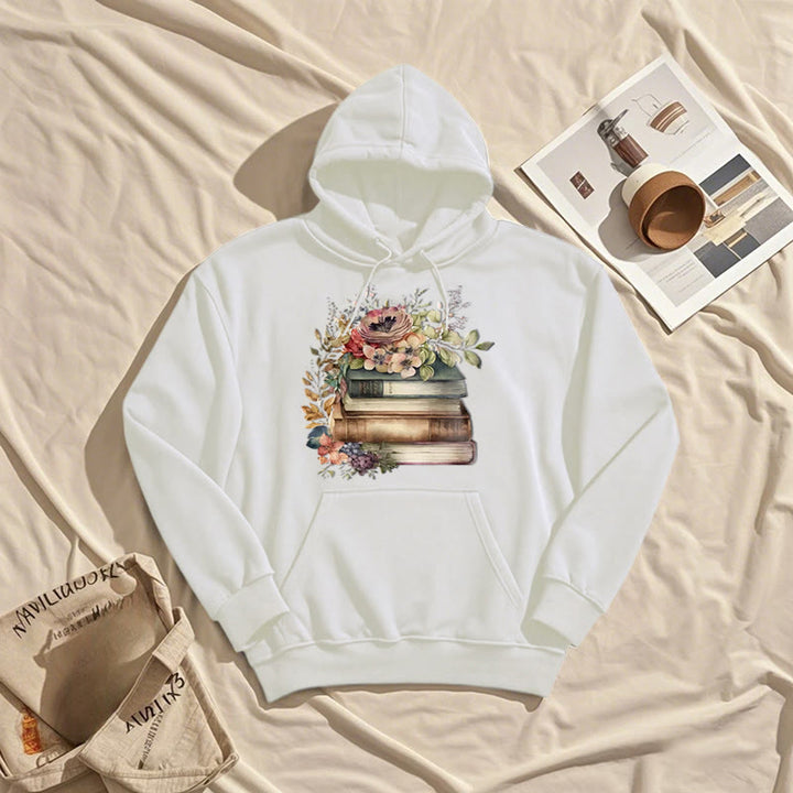 Books Surrounded By Flowers Fleece Lined Hoodie Comfy Hooded Sweatshirts