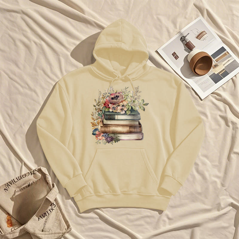 Books Surrounded By Flowers Fleece Lined Hoodie Comfy Hooded Sweatshirts