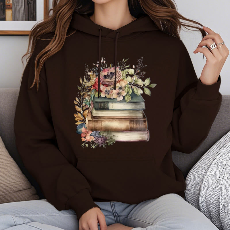 Books Surrounded By Flowers Fleece Lined Hoodie Comfy Hooded Sweatshirts