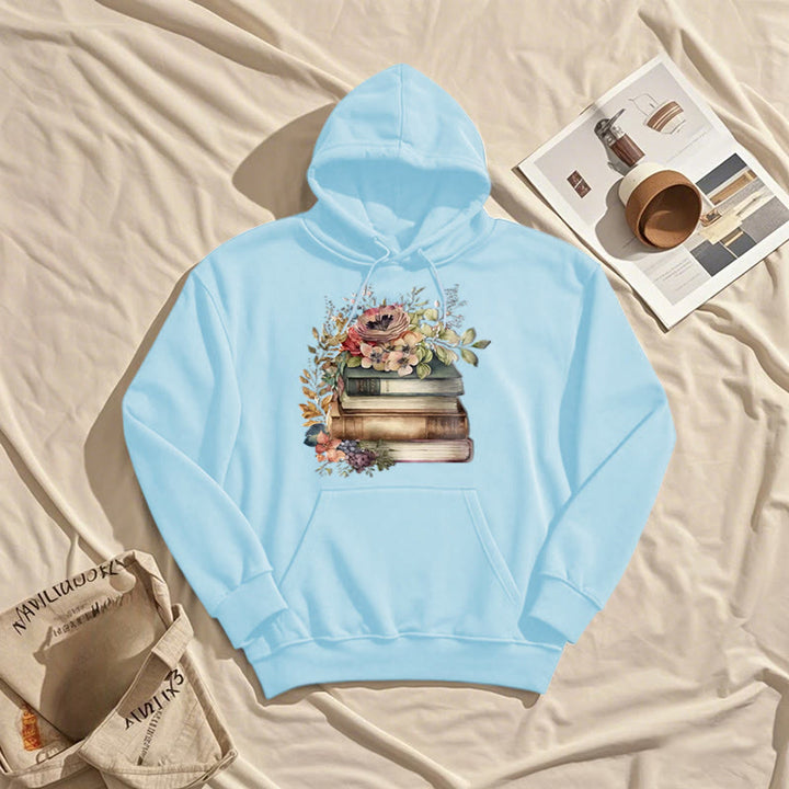 Books Surrounded By Flowers Fleece Lined Hoodie Comfy Hooded Sweatshirts