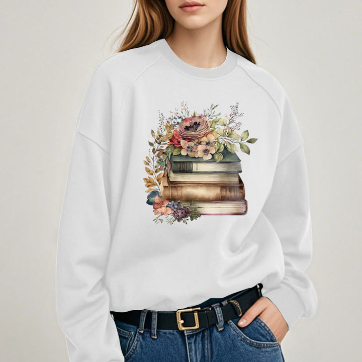 Books And Flowers Book Lovers Crewneck Sweatshirt Pullover