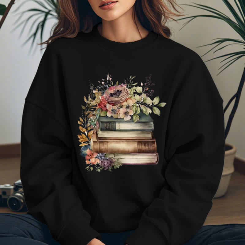 Books And Flowers Book Lovers Crewneck Sweatshirt Pullover