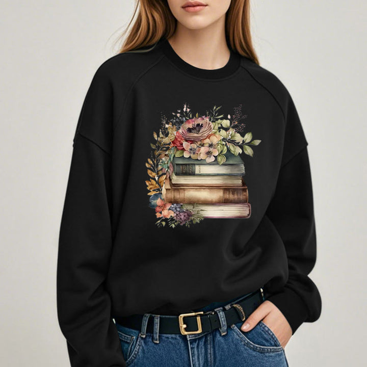 Books And Flowers Book Lovers Crewneck Sweatshirt Pullover