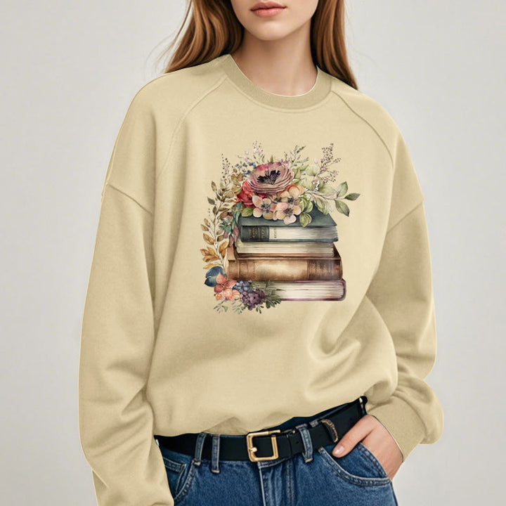 Books And Flowers Book Lovers Crewneck Sweatshirt Pullover