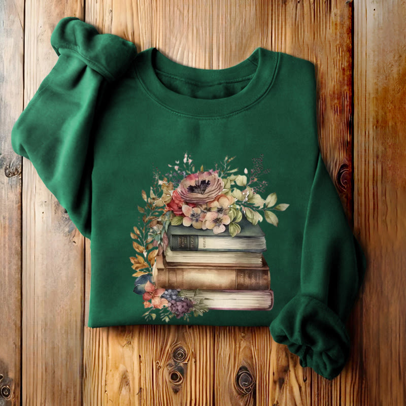 Books And Flowers Book Lovers Crewneck Sweatshirt Pullover