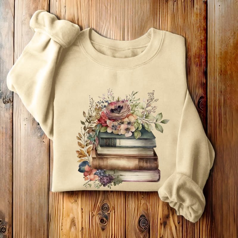 Books And Flowers Book Lovers Crewneck Sweatshirt Pullover