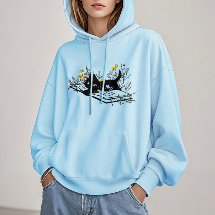 Running Cat On Books Fleece Hoodie Long Sleeves Hooded Sweatshirts