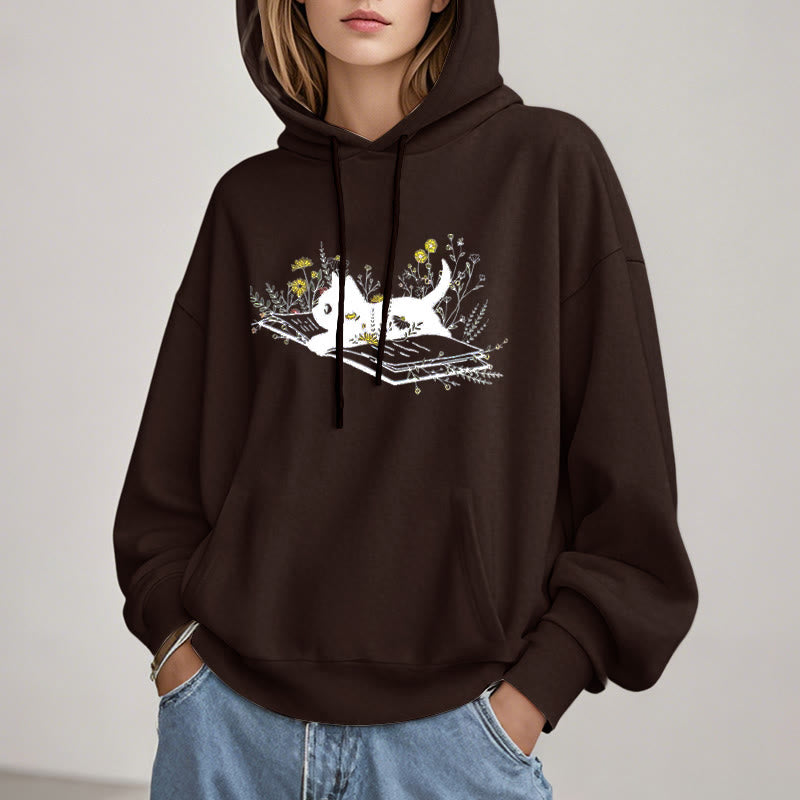 Running Cat On Books Fleece Hoodie Long Sleeves Hooded Sweatshirts