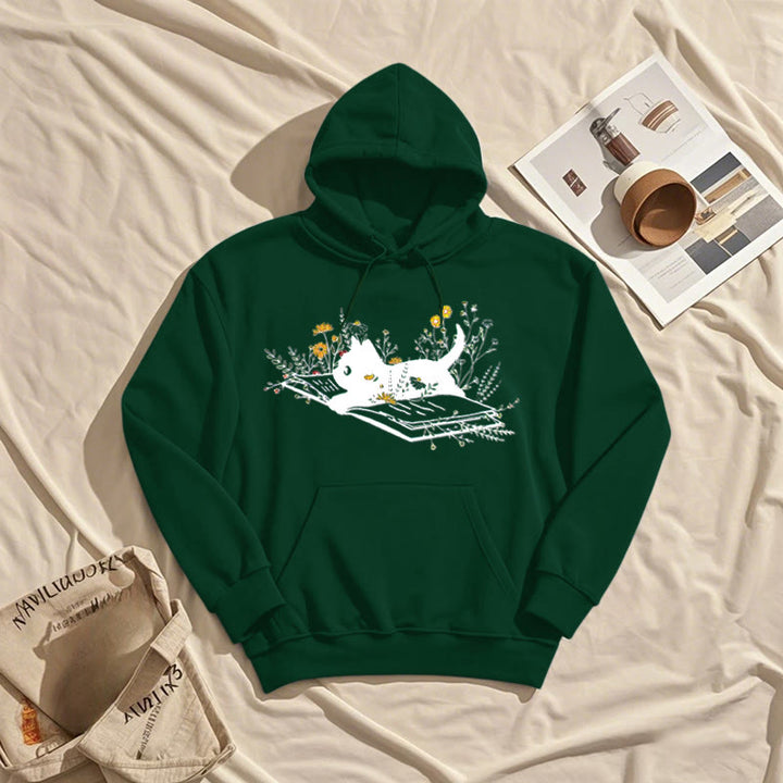 Running Cat On Books Fleece Hoodie Long Sleeves Hooded Sweatshirts