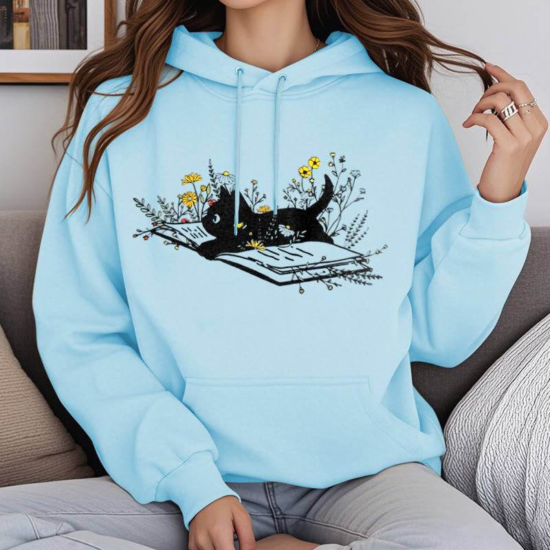 Running Cat On Books Fleece Hoodie Long Sleeves Hooded Sweatshirts