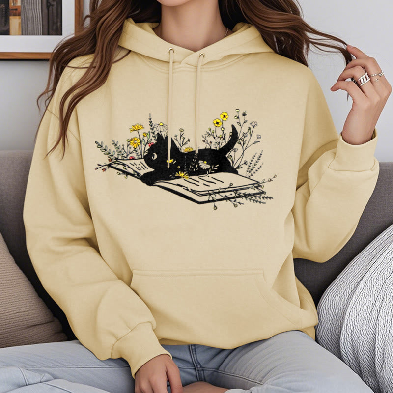 Running Cat On Books Fleece Hoodie Long Sleeves Hooded Sweatshirts