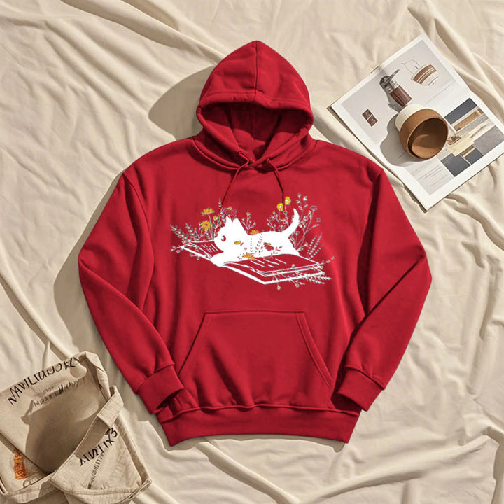 Running Cat On Books Fleece Hoodie Long Sleeves Hooded Sweatshirts