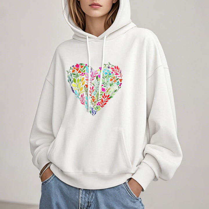 Bright Flower Heart Fleece Hoodie Long Sleeves Hooded Sweatshirts