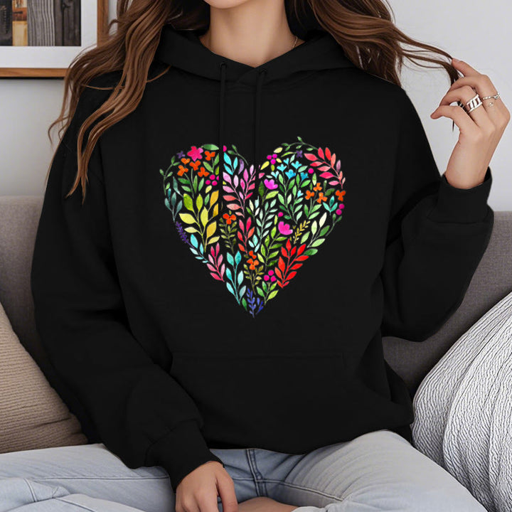 Bright Flower Heart Fleece Hoodie Long Sleeves Hooded Sweatshirts