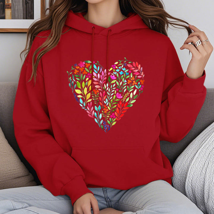 Bright Flower Heart Fleece Hoodie Long Sleeves Hooded Sweatshirts