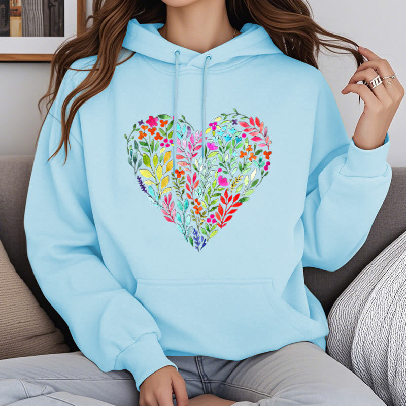 Bright Flower Heart Fleece Hoodie Long Sleeves Hooded Sweatshirts