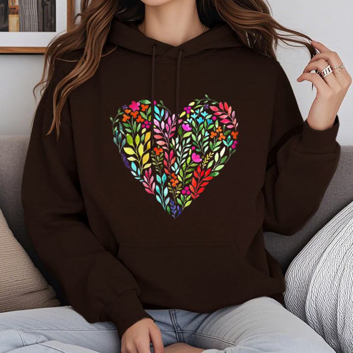 Bright Flower Heart Fleece Hoodie Long Sleeves Hooded Sweatshirts