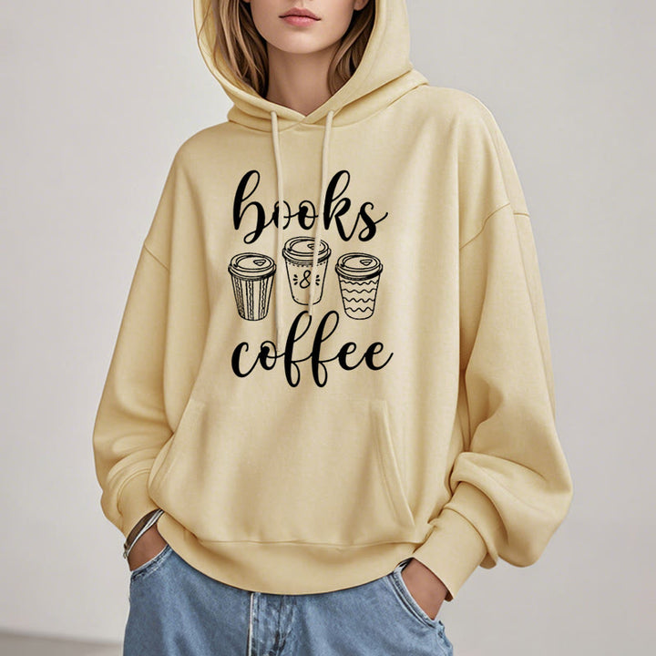 Reading Books With Coffee Fleece Hoodie Long Sleeves Hooded Sweatshirts