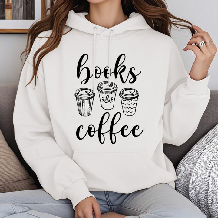 Reading Books With Coffee Fleece Hoodie Long Sleeves Hooded Sweatshirts