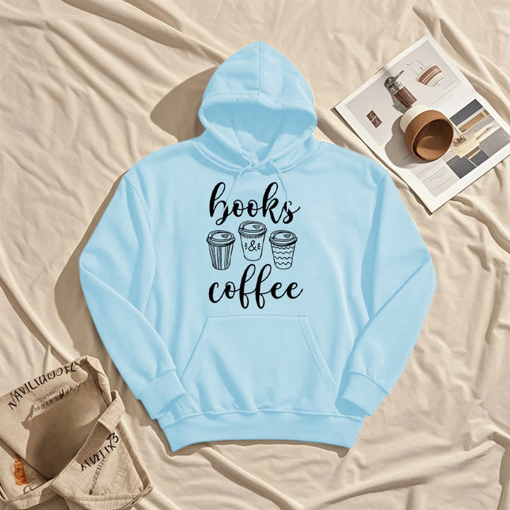 Reading Books With Coffee Fleece Hoodie Long Sleeves Hooded Sweatshirts