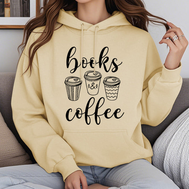 Reading Books With Coffee Fleece Hoodie Long Sleeves Hooded Sweatshirts