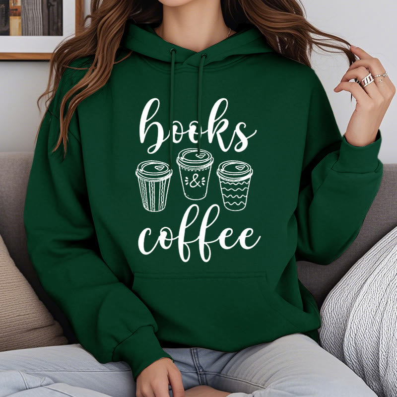 Reading Books With Coffee Fleece Hoodie Long Sleeves Hooded Sweatshirts