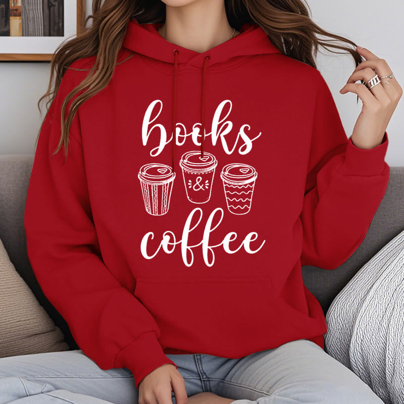 Reading Books With Coffee Fleece Hoodie Long Sleeves Hooded Sweatshirts