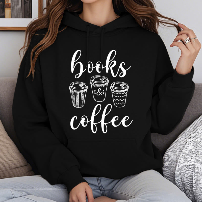 Reading Books With Coffee Fleece Hoodie Long Sleeves Hooded Sweatshirts