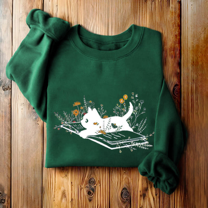 CAT ON BOOK Womens Teachers Crewneck Sweatshirt Pullover